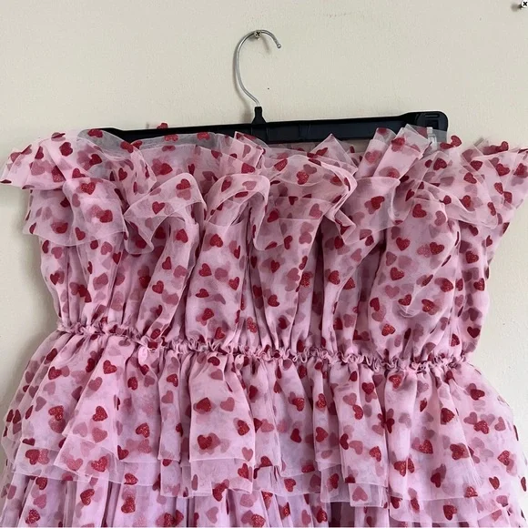 Mable Heartbreaker Strapless Pink Glitter Heart Ruffle Tulle Dress Medium - Picture 7 of 16